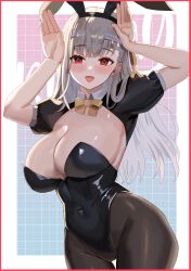  1girl absurdres animal_ears arms_up bandages black_leotard black_pantyhose blush bow bowtie breasts cleavage covered_navel cowboy_shot curvy fake_animal_ears goddess_of_victory:_nikke highres hijikata_toshizou_(mibu_makoto) large_breasts leotard long_hair looking_at_viewer modernia_(nikke) open_mouth pantyhose rabbit_ears red_eyes shrug_(clothing) simple_background smile solo white_hair white_headwear 