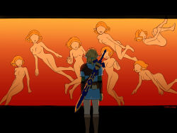  1boy 6+girls ayanami_rei blue_tunic champion&#039;s_tunic_(zelda) completely_nude faceless faceless_female highres lcl link master_sword multiple_girls neon_genesis_evangelion nintendo no_genitals nude parody pointy_ears red_theme reiquarium submerged teraichigo the_legend_of_zelda the_legend_of_zelda:_tears_of_the_kingdom triforce tunic 