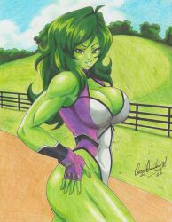  1girl 2022 absurdres breasts cleavage colored_skin commission fence fingerless_gloves gloves green_eyes green_hair green_skin highres jennifer_walters large_breasts leotard marvel muscular muscular_female outdoors ravernclouk_design she-hulk smile solo traditional_media  rating:Sensitive score:19 user:SatoKun1984