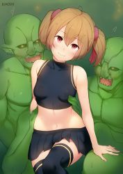 1girl 4boys ahoge artist_name bare_arms bare_shoulders black_shirt black_skirt black_thighhighs blush grabbing_another&#039;s_breast breasts brown_hair closed_mouth collarbone colored_skin commentary covered_collarbone covered_erect_nipples earrings english_commentary goblin grabbing green_skin hair_between_eyes heart highres jewelry kimoshi long_hair looking_at_viewer multiple_boys navel orc pleated_skirt red_eyes sharp_teeth shirt short_hair short_twintails silica skirt sleeveless sleeveless_shirt small_breasts smile solo_focus sword_art_online teeth thighhighs twintails rating:Questionable score:95 user:danbooru