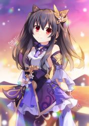 1girl armlet binato_lulu black_hair cosplay dress flower genshin_impact gloves hair_flower hair_ornament hairclip keqing_(genshin_impact) keqing_(genshin_impact)_(cosplay) kitamura_eri looking_at_viewer neptune_(series) pantyhose railing red_eyes standing sunset thighhighs twintails uni_(neptunia) voice_actor_connection