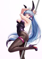  1girl absurdres ace_(playing_card) ace_of_spades alternate_costume alternate_eye_color animal_ears ayaka_(genshin_impact) black_leotard blue_eyes blue_hair blunt_bangs bow breasts card corruption fake_animal_ears fake_tail fishnet_pantyhose fishnets genshin_impact hair_ribbon high_heels highleg highleg_leotard highres hypnosis leotard long_hair looking_at_viewer mind_control pantyhose perianist playboy_bunny playing_card pole_dancing ponytail rabbit_ears rabbit_tail ribbon smile solo spade_(shape) strapless strapless_leotard tail tongue tongue_out wedgie wrist_cuffs 