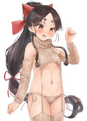  1girl black_hair blush bow breasts brown_eyes cowboy_shot detached_sleeves grey_panties grey_sleeves grey_sweater grey_thighhighs hair_bow kantai_collection long_hair meme_attire navel nisshin_(kancolle) open_mouth panties ponytail red_bow sidelocks simple_background small_breasts solo sweater thighhighs toka_(marchlizard) underwear very_long_hair virgin_destroyer_sweater white_background 
