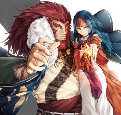  1boy 1girl animal_ears bad_id bad_pixiv_id bare_shoulders beard blue_hair caineghis cape detached_sleeves facial_hair fire fire_emblem fire_emblem:_path_of_radiance fire_emblem:_radiant_dawn headband height_difference jewelry lion_ears long_hair long_sleeves magic milaria necklace nintendo open_mouth red_hair robe sanaki_kirsch_altina yellow_eyes  rating:General score:2 user:danbooru