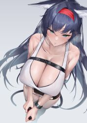  1girl absurdres animal_ear_fluff animal_ears arknights bare_shoulders black_hair black_skirt blaze_(arknights) blue_eyes blue_hair blush breasts buckle cat_ears cat_girl cat_tail cleavage from_above grey_background hair_between_eyes hairband highres holding infection_monitor_(arknights) large_breasts long_hair multicolored_hair nitro_(mugityaoisii) parted_lips red_hairband see-through see-through_skirt sidelocks simple_background skirt solo sweat tail tank_top thighhighs very_long_hair white_tank_top wringing 
