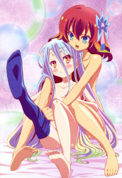  10s 2girls :&lt; :d absurdres age_difference barefoot blue_eyes blue_hair blue_thighhighs blush bow censored convenient_censoring feet hair_bow highres legs loli long_hair multicolored_hair multiple_girls no_game_no_life no_shoes non-web_source nude nyantype official_art onee-loli oodate_kouji ooya_kouji open_mouth red_hair scan shiro_(no_game_no_life) short_hair silver_hair single_thighhigh smile socks soles stephanie_dora thighhighs toes undressing very_long_hair yuri  rating:Questionable score:228 user:danbooru