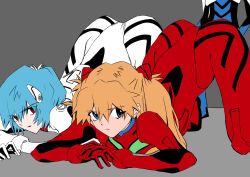  1boy 2girls absurdres all_fours ass ayanami_rei blue_eyes blue_hair bodysuit brown_hair butt_crack expressionless eywy4324 hair_ornament highres huge_ass ikari_shinji imminent_penetration long_hair looking_at_viewer multiple_girls neon_genesis_evangelion pilot_suit plugsuit red_bodysuit red_eyes shiny_clothes short_hair skin_tight skindentation souryuu_asuka_langley take_your_pick two_side_up very_long_hair white_bodysuit  rating:Questionable score:10 user:Popote