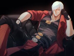  1boy bara blue_eyes coat dante_(devil_may_cry) devil_may_cry devil_may_cry_(series) devil_may_cry_4 facial_hair gloves hair_over_one_eye highres looking_at_viewer male_focus mature_male minoxis muscular muscular_male red_coat smile solo white_hair 