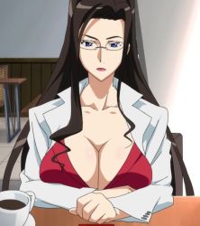 00s 1girl blue_eyes breasts brown_hair cleavage doctor dragonaut female_focus glasses highres huge_breasts kitajima_yuuri lab_coat large_breasts lipstick long_hair looking_at_viewer makeup pink_lips screencap solo stitched third-party_edit rating:Questionable score:37 user:gyn13