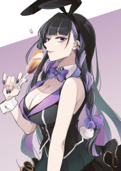  1girl alcohol animal_ears black_hair blue_nails blunt_bangs blush bow bowtie braid breasts bunny_garden champagne_flute cleavage commentary cup drinking_glass earrings fake_animal_ears fake_tail highres jewelry large_breasts leotard long_hair looking_at_viewer meloco_kyoran mitsuk_v multicolored_hair multiple_earrings nijisanji nijisanji_en pink_eyes playboy_bunny purple_bow purple_bowtie purple_hair rabbit_ears rabbit_tail solo streaked_hair symbol-only_commentary tail virtual_youtuber wrist_cuffs 