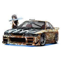  1girl absurdres airfryer1892 black_jacket car commentary dated_commentary electricity english_commentary grey_hair highres holding holding_sword holding_weapon honkai:_star_rail honkai_(series) jacket long_hair looking_at_viewer motor_vehicle nissan nissan_s13_silvia nissan_silvia over_shoulder simple_background smile spoiler_(automobile) stelle_(honkai:_star_rail) sword trailblazer_(honkai:_star_rail) twitter_username vehicle_focus weapon weapon_over_shoulder white_background yellow_eyes 