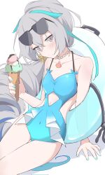  1girl absurdres blue_nails blue_one-piece_swimsuit breasts bronya_zaychik bronya_zaychik_(herrscher_of_truth) closed_mouth covered_navel drill_hair eyewear_on_head food grey_eyes grey_hair highres holding holding_food honkai_(series) honkai_impact_3rd ice_cream innertube long_hair looking_at_viewer nail_polish one-piece_swimsuit simple_background small_breasts solo sunglasses swim_ring swimsuit tangyuan_(nanyuan9527996) very_long_hair white_background 