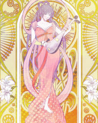  1girl 7.7.4_(nanashi) art_nouveau bad_id bad_pixiv_id barefoot biwa_lute breasts cleavage dress flower full_body grey_eyes hair_rings highres instrument lily_(flower) long_hair looking_at_viewer lute_(instrument) nail_polish original pale_skin pink_dress pink_nails plectrum smile solo standing very_long_hair 