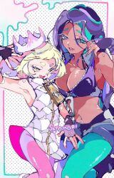  2girls arm_up armpits artist_name black_gloves black_shirt black_shorts blonde_hair blue_eyes blue_hair blue_pantyhose breasts cleavage commentary_request crop_top crown dark-skinned_female dark_skin dress fang fingerless_gloves furrowed_brow gloves half-closed_eyes headphones high_collar highres humanization large_breasts long_hair looking_at_another looking_to_the_side marina_(splatoon) medium_hair midriff mole mole_under_mouth multiple_girls navel navel_piercing nintendo open_mouth pantyhose pantyhose_under_shorts pearl_(splatoon) piercing pink_pantyhose satomori shirt short_dress shorts sleeveless sleeveless_dress splatoon_(series) splatoon_2 thick_eyebrows tilted_headwear v-shaped_eyebrows very_long_hair watermark white_dress yellow_eyes zipper zipper_pull_tab 
