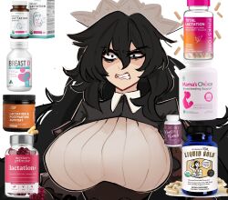  1girl angry black_eyes black_hair breasts centurii-chan_(artist) corset executioner_maid_(centuriic) highres large_breasts long_hair maid_headdress meme original pill pill_bottle solo with_enough_power_you_can_refire_even_a_dying_star_(meme)  rating:Sensitive score:15 user:danbooru