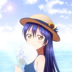  1girl bare_shoulders blue_hair commentary_request day from_side hair_between_eyes hand_fan hat kazuma_(theworld000021) long_hair looking_at_viewer love_live! love_live!_school_idol_festival love_live!_school_idol_project ocean outdoors paper_fan smile solo sonoda_umi uchiwa upper_body 