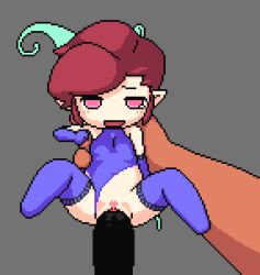  1boy 1girl akai_(ugokashitari) animated animated_gif blue_leotard blush breasts brown_hair censored clothing_aside elbow_gloves fairy fairy_wings gloves happy_sex highleg highleg_leotard leotard leotard_aside looking_at_viewer lowres mini_person minigirl penis pink_eyes pixel_art pixie_(megami_tensei) pointy_ears pussy pussy_juice saliva shin_megami_tensei short_hair size_difference small_breasts smile stomach_bulge tears thighhighs vaginal wings  rating:Explicit score:92 user:danbooru