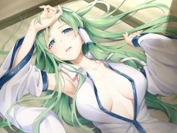 1girl asutora blue_eyes blush breasts breasts_apart collared_shirt detached_sleeves frog_hair_ornament green_hair hair_ornament hair_tubes hands_up highres indoors kochiya_sanae large_breasts long_hair lying nontraditional_miko on_back open_clothes open_mouth open_shirt shirt sleeveless sleeveless_shirt snake_hair_ornament solo touhou white_shirt rating:Sensitive score:34 user:danbooru