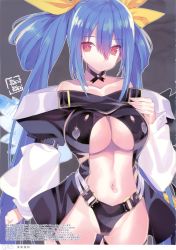  1girl asymmetrical_wings bare_shoulders belt blue_hair breasts cameltoe choker cleavage collarbone dizzy_(guilty_gear) guilty_gear guilty_gear_x guilty_gear_xx hair_ribbon hand_on_own_chest highres large_breasts long_hair miwa_yoshikazu navel panties parted_lips partially_visible_vulva puffy_sleeves red_eyes ribbon solo tail tail_ornament tail_ribbon thick_thighs thigh_strap thighs twintails underboob underwear wide_hips wings 