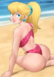 1girl arm_support ass barefoot beach bikini blonde_hair blue_eyes earrings female_focus flytrapxx jewelry long_hair looking_at_viewer looking_back lying mario_(series) nintendo outdoors ponytail princess_peach solo swimsuit  rating:Questionable score:51 user:tarnishedidiot
