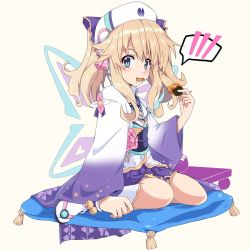  biscuit blonde_hair blue_eyes breasts collar cushion dress eating fairy food fujishima_t gekijigen_tag:_blanc_+_neptune_vs_zombie_gundan hat highres histoire leggings long_hair nepnep_connect:_chaos_chanpuru neptune_(series) ribbon robe sandals shoes skirt small_breasts startaled surprised thighs twintails two_side_up 