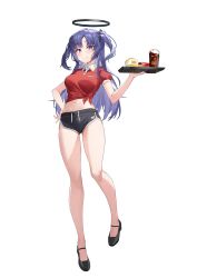  black_footwear blue_archive breasts collared_shirt fast_food food french_fries full_body gym_shorts halo highres jeon-eo_konoshiro mechanical_halo medium_breasts medium_hair navel official_alternate_costume official_art promotional_art purple_eyes purple_hair red_shirt shirt short_shorts short_sleeves shorts simple_background soda thighs tied_shirt triangle_hair_ornament twintails waitress white_background yuuka_(blue_archive) 