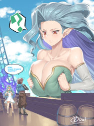 1boy 2girls ? artist_name big_hair blue_hair breasts_squeezed_together breasts cleavage cloud collarbone commentary day detached_sleeves english_text engrish_text giant giantess gran_(granblue_fantasy) granblue_fantasy highres huge_breasts jitome long_hair looking_at_viewer looking_down lyria_(granblue_fantasy) multiple_girls obui pointy_ears ranguage red_eyes shaded_face signature sky solo_focus spoken_question_mark surprised tiamat_(granblue_fantasy) white_sleeves rating:Sensitive score:120 user:danbooru