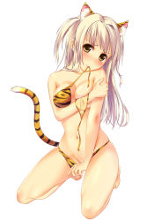  1girl animal_ears barefoot bikini bikini_in_mouth blonde_hair blush breasts_squeezed_together breasts clothes_in_mouth covered_erect_nipples highres kneeling large_breasts long_hair mouth_hold navel new_year original solo swimsuit tail tiger_ears tiger_tail u_jie untied yellow_eyes  rating:Questionable score:32 user:danbooru