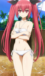 1girl absurdres bikini bra breasts closed_mouth crossed_arms date_a_live highres itsuka_kotori long_hair looking_afar mouth_hold navel red_eyes red_hair ribbon sky small_breasts solo standing stitched swimsuit thighs third-party_edit tree twintails underwear white_bikini rating:Sensitive score:22 user:spk