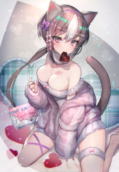  1girl 2020 animal_ear_fluff animal_ears bare_shoulders barefoot blush bow breasts candy cat_ears cat_girl cat_tail chocolate chocolate_heart cleavage dress food frilled_dress frilled_pillow frills fur_collar grey_hair grey_tail hair_bow hairband hand_up heart heart-shaped_pillow highres hitowa jacket jacket_partially_removed large_breasts looking_at_viewer mouth_hold multicolored_hair open_clothes open_jacket original pillow pink_bow pink_eyes pink_jacket purple_bow purple_hairband sidelocks sitting sleeves_past_wrists solo streaked_hair tail thigh_strap wariza white_dress white_hair 