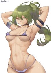  1girl absurdres armpits arms_behind_head arms_up bikini breasts cleavage curvy duffmox green_eyes green_hair highres large_breasts long_hair looking_at_viewer navel seductive_smile smile sousou_no_frieren swimsuit thong_bikini toned ubel_(sousou_no_frieren)  rating:Explicit score:21 user:HeavenMaid
