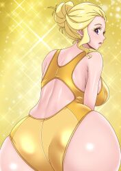 1girl ass back blonde_hair breasts competition_swimsuit eunos fuurin_asumi hair_bun healin&#039;_good_precure highres lips long_hair looking_at_viewer looking_back medium_breasts one-piece_swimsuit precure purple_eyes smile solo sparkle_background swimsuit yellow_background yellow_one-piece_swimsuit 