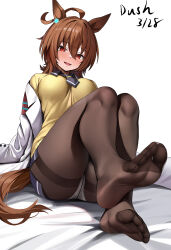  1girl absurdres agnes_tachyon_(umamusume) ahoge animal_ears ass black_pantyhose black_shirt brown_hair chemical_structure coat collared_shirt commentary_request dush_1154 earrings feet foot_focus hair_between_eyes highres horse_ears horse_girl horse_tail jewelry lab_coat looking_at_viewer messy_hair no_shoes on_ground open_clothes open_coat pantyhose red_eyes shirt short_hair simple_background single_earring smile soles solo sweater_vest tail umamusume white_background white_coat yellow_sweater_vest 