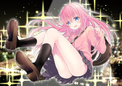  1girl ass black_socks blue_eyes blush bocchi_the_rock! brown_footwear commission cube_hair_ornament electric_guitar full_body gibson_les_paul gotoh_hitori grey_skirt guitar hair_between_eyes hair_ornament hair_over_eyes instrument jacket kotoji loafers long_hair looking_at_viewer one_side_up open_mouth pink_hair pink_jacket pleated_skirt shoes skeb_commission skirt socks solo track_jacket 