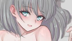  1girl aqua_eyes blush close-up collarbone completely_nude cropped eyelashes grey_hair head_tilt highres long_bangs lying medium_hair mustee nude on_back open_mouth original paid_reward_available sidelocks smile solo 