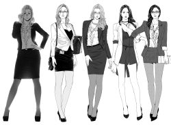  5girls adjusting_eyewear bad_id bad_pixiv_id bag belt black_hair blazer blonde_hair blouse bra breasts camera cleavage collarbone contrapposto earrings formal frilled_shirt frills glasses greyscale hand_on_own_hip hand_on_own_chest handbag high_heels id_card jacket jewelry large_breasts long_hair looking_at_viewer mature_female miniskirt monochrome multiple_girls necklace office_lady open_clothes open_jacket original pantyhose parted_lips pencil_skirt pumps shirt shoes skirt skirt_suit stiletto_heels suit sww13 underwear wavy_hair white_background 