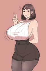  1girl bare_shoulders black_eyes bob_cut breasts brown_hair franktonius highres huge_breasts looking_at_viewer mole mole_on_breast mole_under_eye pantyhose sideboob skirt smile solo standing taut_clothes  rating:Questionable score:55 user:Anonymous4568