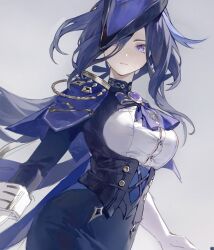  1girl ascot blue_capelet blue_hair breasts brooch capelet clorinde_(genshin_impact) commentary_request corset genshin_impact gloves grey_background hat highres jewelry large_breasts long_hair looking_at_viewer purple_ascot purple_eyes shirt simple_background solo tricorne upper_body white_gloves white_shirt xuemen  rating:Sensitive score:8 user:danbooru