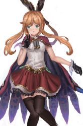 1girl absurdres ame_sagari black_bow black_gloves black_necktie black_thighhighs bow breasts brown_hair cape character_request clarisse_(granblue_fantasy) copyright_request cowboy_shot eyelashes feathered_cape frilled_gloves frills gloves gold_trim granblue_fantasy green_eyes hair_bow highres knees lace lace-trimmed_skirt lace_trim long_hair looking_at_viewer medium_breasts miniskirt necktie open_mouth pleated_skirt ponytail red_cape red_skirt shirt sidelocks simple_background skirt solo thighhighs v white_background white_shirt