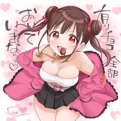 1girl artist_name belt black_skirt breasts brown_hair buckle chain chain_necklace chocolate cleavage collar cowboy_shot crop_top dated double_bun flip_(diiolive) food_in_mouth hair_bun heart heart-shaped_buckle heart_background idolmaster idolmaster_shiny_colors jacket jewelry large_breasts leaning_forward light_blush long_hair looking_at_viewer miniskirt necklace off_shoulder open_mouth pink_jacket pleated_skirt red_collar red_eyes skirt solo sonoda_chiyoko strapless tube_top twintails white_belt
