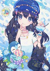  1girl absurdres black_jacket blue_eyes blue_hair breasts creatures_(company) dawn_(pokemon) dessert dress food game_freak gen_1_pokemon gen_4_pokemon haru_(haruxxe) hat highres holding holding_food holding_ice_cream ice_cream ice_cream_float jacket jewelry long_hair looking_at_viewer necklace nintendo open_clothes open_jacket pikachu piplup pokemon pokemon_(creature) pokemon_dppt smile spoon 