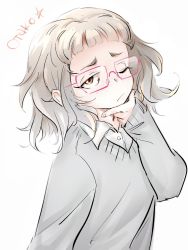  10s 1girl brown_eyes brown_hair character_name freckles glasses hand_on_own_chin highres messy_hair one_eye_closed oshiete!_galko-chan otako_(galko) shirt short_hair solo sweater translated wavy_hair womu 