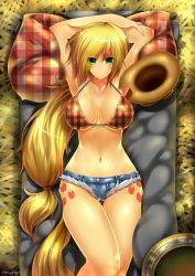 1girl applejack armpits bikini blonde_hair blush breasts cutie_mark cutoffs denim denim_shorts emperpep freckles green_eyes hat unworn_hat unworn_headwear large_breasts long_hair looking_at_viewer low-tied_long_hair lying my_little_pony my_little_pony:_friendship_is_magic on_back personification pillow plaid shiny_skin short_shorts shorts smile solo swimsuit tail tattoo thigh_gap unmoving_pattern rating:Questionable score:95 user:danbooru