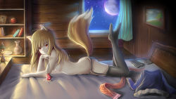 1girl absurdres animal_ears apple bed breasts brown_hair food fruit garter_straps highres holo long_hair ookuma_(qq) red_eyes solo spice_and_wolf tail thighhighs wolf_ears wolf_tail  rating:Questionable score:40 user:danbooru
