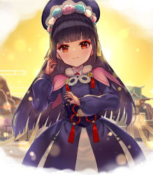  1girl absurdres black_hair black_headwear blunt_bangs building capelet closed_mouth commentary_request dress genshin_impact hand_up highres leaning_to_the_side long_hair long_sleeves looking_at_viewer pink_capelet puffy_long_sleeves puffy_sleeves purple_dress red_eyes shitou_(1992116210) smile solo very_long_hair yun_jin_(genshin_impact) 