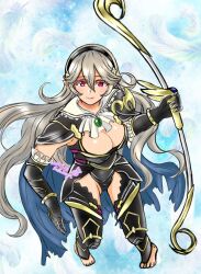 1girl aqua_background armor armored_gloves armored_leotard armpits artist_request barefoot black_armor black_cape black_hairband black_leotard black_thighhighs bow_(weapon) breasts cape cleavage clenched_hand corrin_(female)_(fire_emblem) corrin_(female)_(nohr_noble)_(fire_emblem) corrin_(fire_emblem) eyelashes feathers feet female_focus fire_emblem fire_emblem_fates from_above gluteal_fold hair_between_eyes hair_ornament hairband hand_up highres holding holding_bow_(weapon) holding_weapon intelligent_systems large_breasts legs leotard light_smile long_hair looking_at_viewer neck neckerchief nintendo official_alternate_costume pigeon-toed pointy_ears red_eyes revealing_clothes sidelocks signature sleeveless stirrup_legwear thighhighs thighs tiptoes toeless_legwear toes torn_cape torn_clothes wavy_hair weapon white_hair 