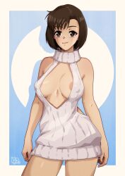  1girl absurdres areola_slip artist_logo asymmetrical_bangs bare_shoulders breasts brown_eyes brown_hair cleavage_cutout clothing_cutout colored_shadow commission covered_erect_nipples cowboy_shot drop_shadow harasaki_nozomi highres large_breasts looking_at_viewer meme_attire ribbed_sweater second-party_source shadow shenmue short_hair smile solo sweater thatpersonaguy thighs turtleneck turtleneck_sweater two-tone_background virgin_killer_sweater white_sweater 