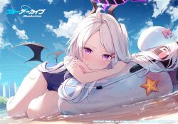  1girl highres hina_(blue_archive) hina_(swimsuit)_(blue_archive) looking_at_viewer nijihashi_sora swimsuit thighs white_hair wings  rating:Questionable score:6 user:sauceyman