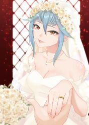  1boy 1girl absurdres bare_shoulders blue_hair bouquet breasts bridal_veil bride brown_eyes cleavage collarbone commentary_request dress flower hair_flower hair_ornament highres holding holding_bouquet looking_at_viewer medium_breasts neck off-shoulder_dress off_shoulder pov pov_hands solo_focus unicorn_overlord upper_body veil virginia_(unicorn_overlord) vuipui wedding wedding_dress white_dress 