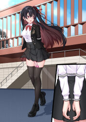  1girl absurdres bdsm black_hair black_jacket black_skirt bound bound_arms bound_wrists breasts brown_eyes brown_hair chain colored_inner_hair cuffs elbow_cuffs handcuffs highres indie_virtual_youtuber jacket kenen_tanabata loafers long_hair medium_breasts multicolored_hair outdoors projected_inset sex_toy shirt shoes side_ponytail skirt solo thighhighs two-tone_hair vibrator vibrator_in_thighhighs walking white_shirt 